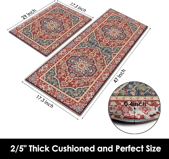 Arttown Boho Anti-Fatigue Kitchen Rug Set of 2 Ethnic Red Cushioned Floor Standing Mat Waterproof Non-Slip Mat and PVC Ergonomic Comfort Foam Rug