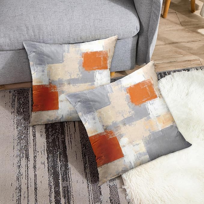 Britimes Throw Pillow Covers Modern Home Art Decor, 18 x 18 Inches Set of 2 Pillow Cases Decorative, Abstract Oil Painting Pillowcases for Bedroom, Living Room, Cushion Couch Sofa, Beige Orange