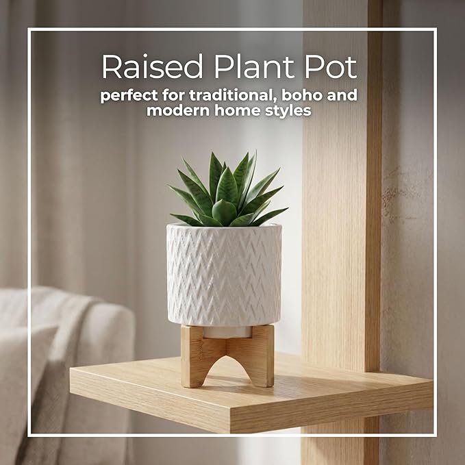 Ceramic Planter with Elevated Stand – Bamboo Indoor Plant Stand, Display for Greenery, Shelf or Patio Placement – Textured Round Design for Sculptural Height, Home Decor, Outdoor Decor – 8", White