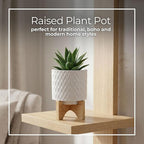 Ceramic Planter with Elevated Stand – Bamboo Indoor Plant Stand, Display for Greenery, Shelf or Patio Placement – Textured Round Design for Sculptural Height, Home Decor, Outdoor Decor – 8", White