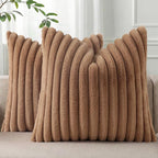 Pallene Faux Fur Plush Throw Pillow Covers 18x18 Set of 2, Luxury Soft Fluffy Striped Decorative Pillow Covers for Sofa, Couch, Living Room, Brown