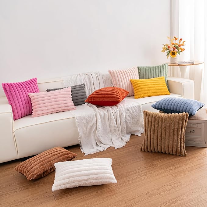 Pack of 2 Faux Fur Fall Throw Pillow Covers 22x22 Inch, Soft Plush Striped Neutral Couch Pillow Cover, with Velvet Back Modern Home Decor for Sofa Living Room Couch Bed Yellow