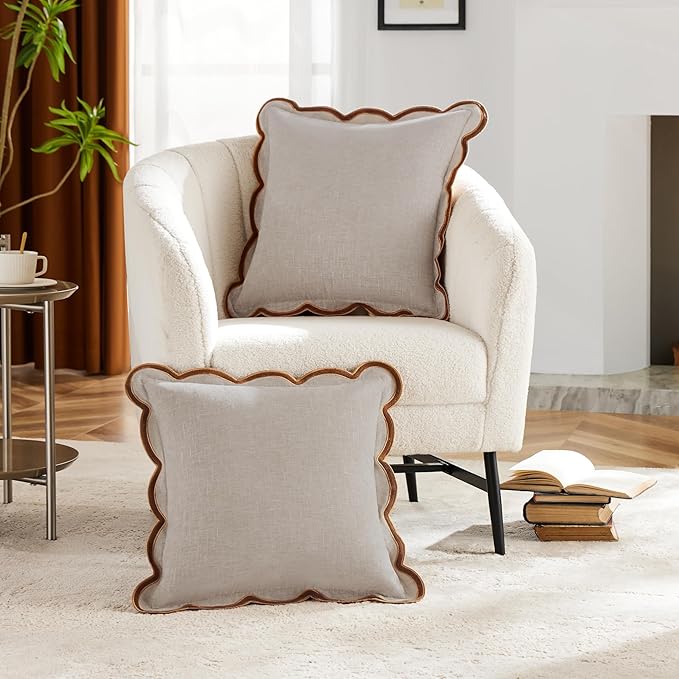 Beige Scalloped Pillow Cover Pack of 2 Spring Chenille Decorative Throw Pillow Covers 20x20 Cute Boho Couch Pillow Covers Aesthetic Funky Preppy Pillow Cases for Sofa Living Room