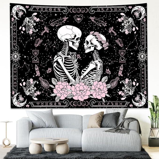 KJHL Black and Pink Gothic Witchy Skull Tapestry 44ʺ x 60ʺ Floral Constellation Skeleton Aesthetic Tapestries Wall Hanging for Bedroom Dorm