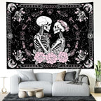 KJHL Black and Pink Gothic Witchy Skull Tapestry 44ʺ x 60ʺ Floral Constellation Skeleton Aesthetic Tapestries Wall Hanging for Bedroom Dorm