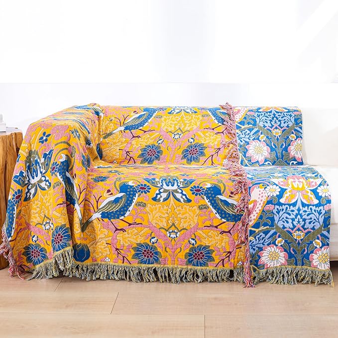 Queen Size Throw Blanket for Bed 100% Cotton Boho Oversized Soft Cozy Muslin Quilt Blanket Double Bird and Florals, Vintage Farmhouse Cottage Woven Blankets for Bedding Couch,80"×90"- Blue&Yellow