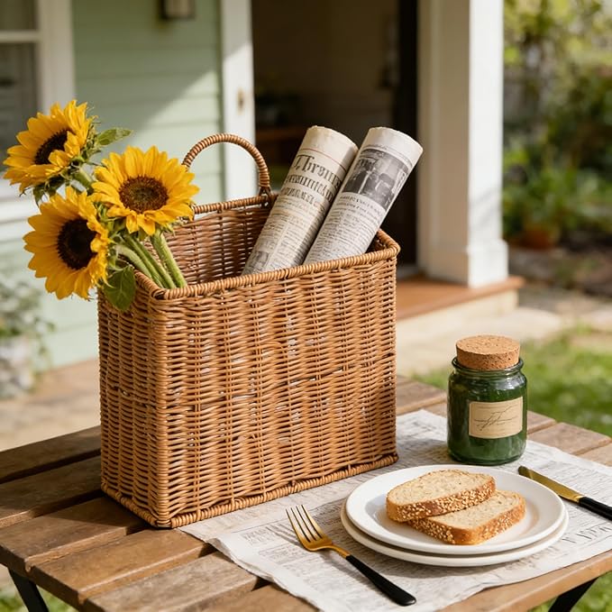 Set of 2 Woven Hanging Wicker Basket for Front Door, Handmade Rattan Hanging Wall Baskets for Garden Farmhouse Home