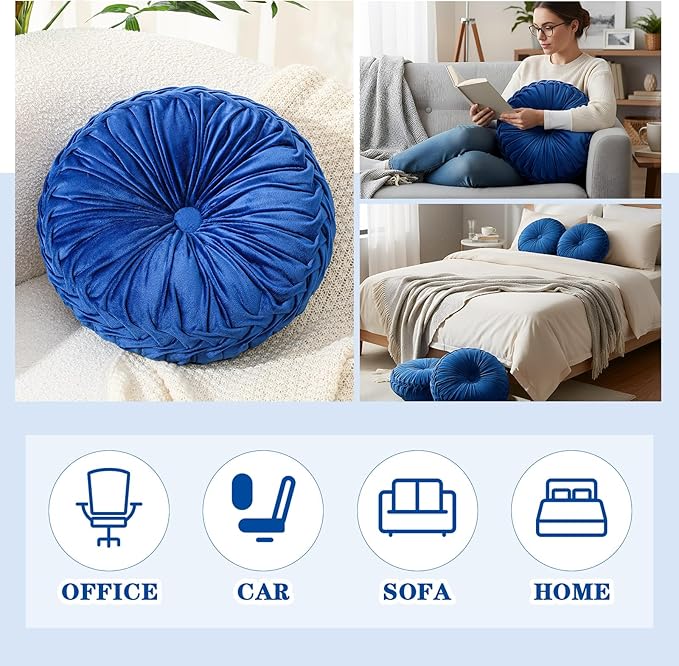 Round Throw Pillows Decorative Pleated Throw Pillows 15'' Diameter Accent Pumpkin Boho Chair Cushion for Couch Sofa Home Decoration(Navy Blue,1 Pcs)