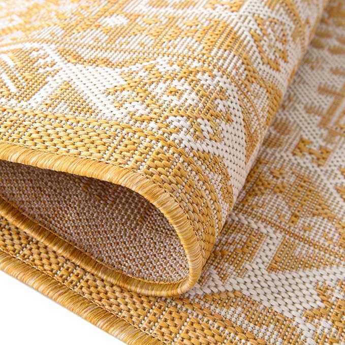 Rugs.com Outdoor Aztec Collection Rug – 8 Ft Runner Yellow Flatweave Rug Perfect for Hallways, Entryways