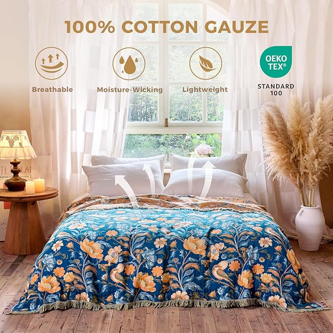 Boho Throw Blanket for Bed Cotton Spring Blankets Twin Size for Bedroom Living Room All Season Lightweight Floral Bird Embroidery Breathable Quilt for Couch Sofa Chair 60"x80" Home Decor