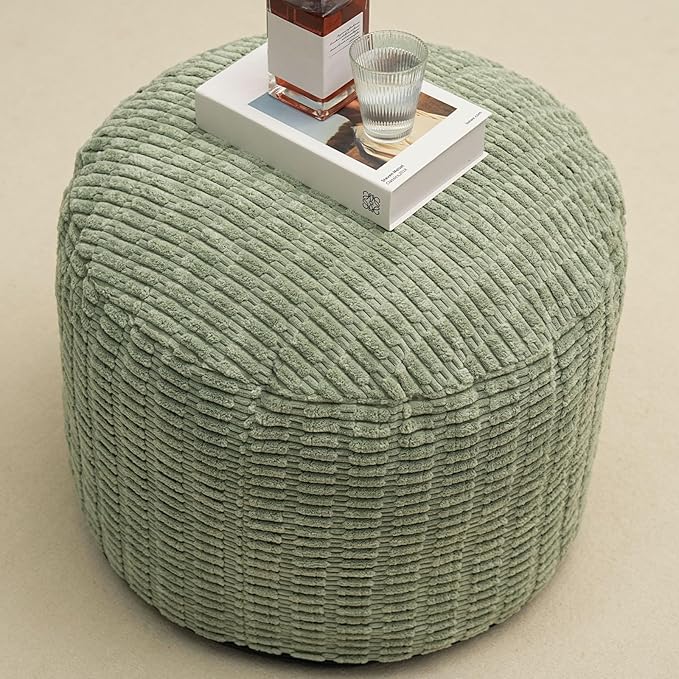 Round Stuffed Pouf Ottoman for Foot Rest, Storage Ottoman Pouf Foot Stool Cushion, Faux Fur Poufs with Foam Chunk Filling, 26 X 18 Inch Floor Chair for Living Room Bedroom Home Decor, Green