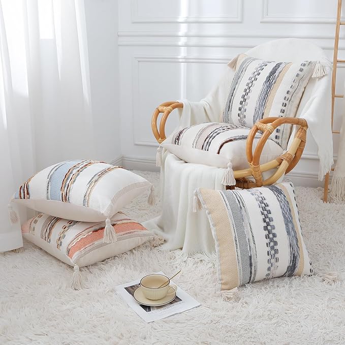 decorUhome Christmas Boho Decorative Throw Pillow Covers 18x18 Set of 2, Striped Chenille Tufted Pillow Covers with Tassels for Couch Bed Sofa, Cream White and Green