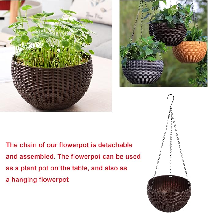 Hanging Basket Plastic Flower Pot Round Resin Garden Hanging Planter for Indoor Outdoor Plants 2 Pack Brown