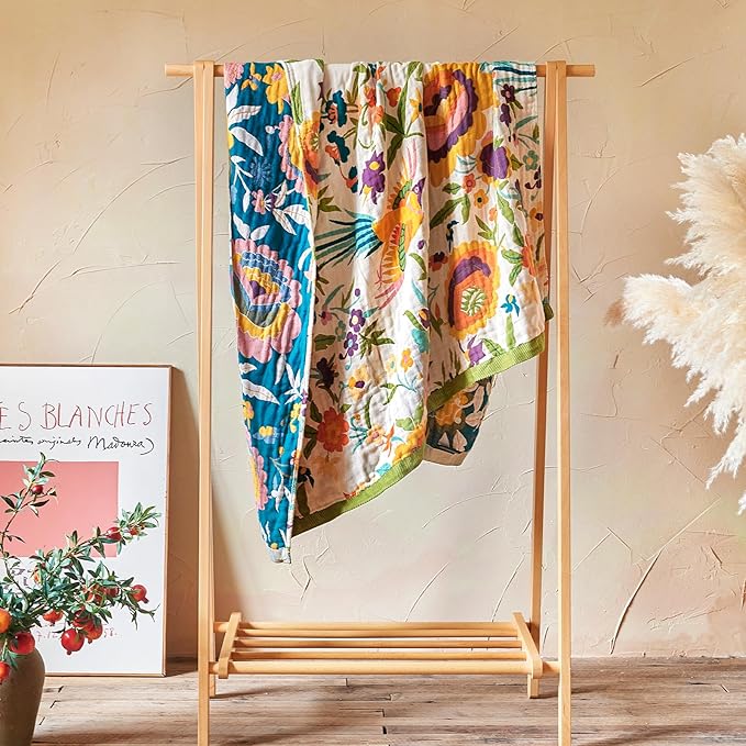 Boho Throw Blanket - 90"x108" 100% Cotton Ultra Soft Lightweight Blanket, 4-Layer Breathable Muslin Spring Blankets for Bed Couch, Reversible Green Floral Bird Printed Bohemian Cotton Quilt