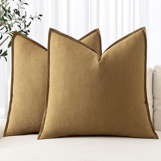 MIULEE Decorative Linen Euro Sham Pillow Covers 26x26 Mustard Yellow Boho Farmhouse Neutral Couch Throw Pillows for Bed Pack of 2 Accent Modern Pillowcase Summer Sofa Livingroom Home Decor
