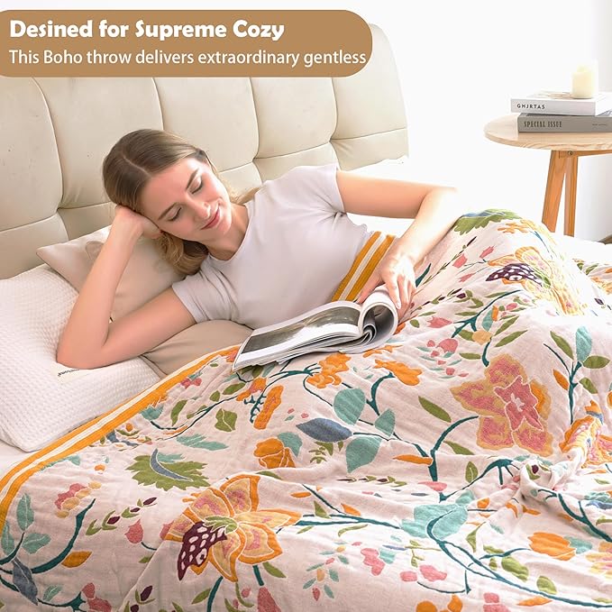 Boho Throw Blanket for Bed, 100% Organic Cotton Breathable Ultra Soft 60" x 80" Quilt Throw - All Season Floral Rustic Farmhouse Decor Luxury Reversible Blanket for Sofa Couch Chair and Gift