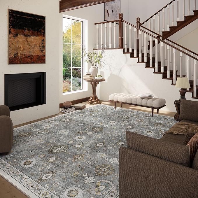 Machine Washable Rug for Living room: 9x12 Area Rugs Boho Vintage Rugs Stain Resistant Non Slip Low Pile Lightweight Soft Carpet for Bedroom Kitchen Dining Room Nursery Kids Room Farmhouse Home Office