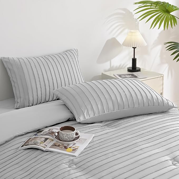 JELLYMONI Pillowcases Standard Size Light Grey 2 Pack Boho Striped Bed Pillow Covers 20x26in Polyester Envelope Pillow Shams Tufted Bohemian Textured (Pillows are not Included)