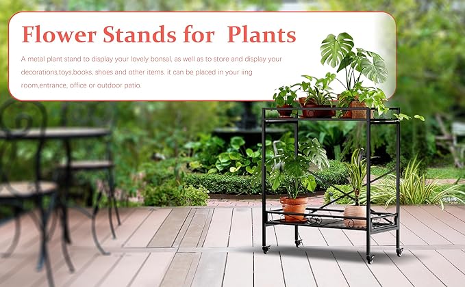 Zhongma 2 Tier Window Height Sturdy Metal Plant Stand with Wheels, 32.7x16x39.4 Inch High, Heavy Duty Succulent Shelf for Home Indoor and Outdoor, 440 LBS Capacity & Heavy Duty Construction