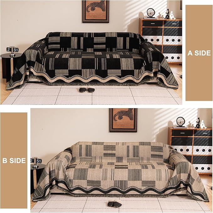 ROOMLIFE Dark Coffee Couch Cover Sofa Covers, Chenille Couches Covers for 3 Cushion Sofas, Non Slip Soft Breathable Sofa Slipcovers for Pet, Washable Furniture Protector with Tassel,71''X134”