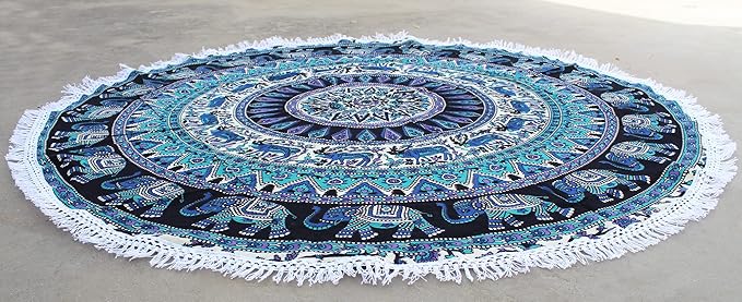 Round Beach Tapestry Turquoise Mandala Throw/Boho Hippie Beach Blanket Roundie/Indian Cotton Bohemian Large Round Table Cloth-Home Decor/Yoga Mat Meditation Picnic Rug (42", Green and Black)