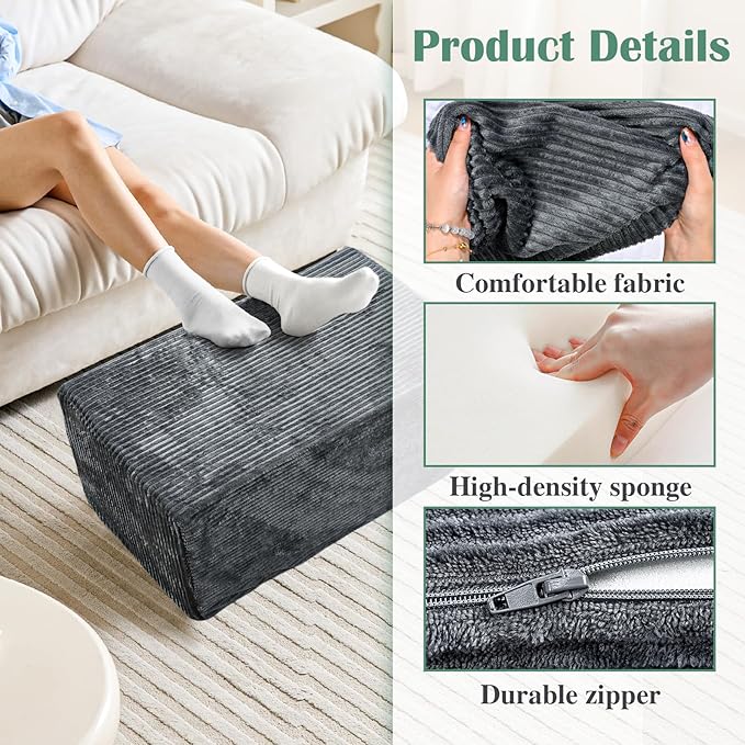 Rectangular Pouf Ottoman, Stuffed Floor Pouf with Foam Chunk Filling, Soft Coral Fleece Furry Foot Rest Stool, Multi-Use Ottoman for Living Room, Wide Stripe Boho Decor, Dark Grey