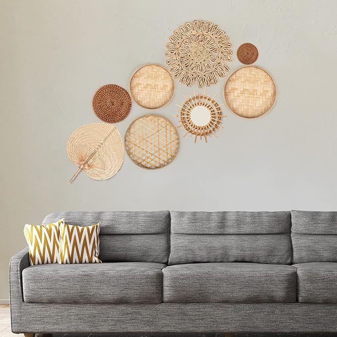 Unittype Wall Basket Decor Set of 8 Boho Wicker Wall Handmade Decor with Rattan Mirror Farmhouse Woven Hanging Basket for Bathroom Bedroom Living Room