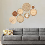 Unittype Wall Basket Decor Set of 8 Boho Wicker Wall Handmade Decor with Rattan Mirror Farmhouse Woven Hanging Basket for Bathroom Bedroom Living Room