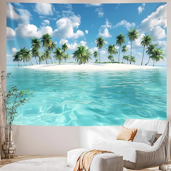 AOHMPT Ocean Tapestry, Beach Evening Sunset Tapestry, Natural Beach Palm Tree Landscape Tapestries Poster, Seaside Landscape Wall Hanging for Bedroom, Dorm Room and Living Room Wall Decor 79" L x 59" W