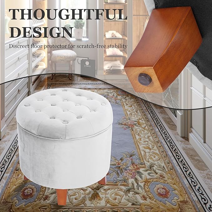 Homepop Home Decor | Upholstered Round Velvet Tufted Foot Rest Ottoman | Ottoman with Storage for Living Room & Bedroom | Decorative Home Furniture, Gray Small