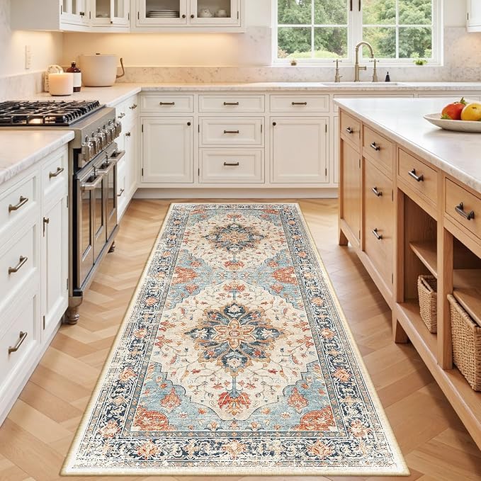 Area Rugs 3'x6' Runner Rug Non Slip Washable for Kitchen Hallway Bedroom Beside Laundry Room Bathroom Rug, Floor Carpet, Beige Navy Blue Orange Colorful