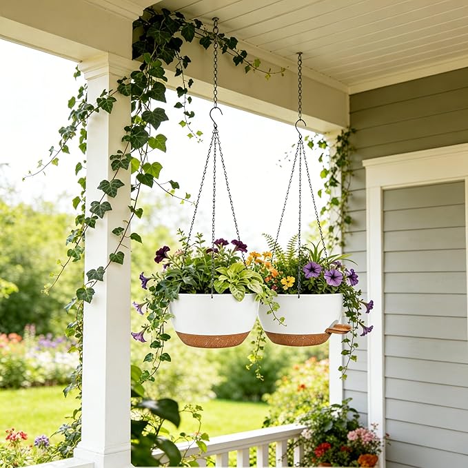12 Inch Self Watering Hanging Planters 2 Pack, Indoor Outdoor Hanging Pots for Plants with Drainage Holes & Saucers, White Brown Plastic Hanging Baskets for Kitchen Balcony Garden