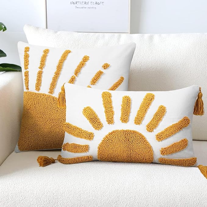 Adabana Boho Decorative Throw Pillow Covers 12x20 Lumbar Tufted Yellow Sun Sunshine Pillow Cover for Couch Bedroom Living Room Bed Sofa