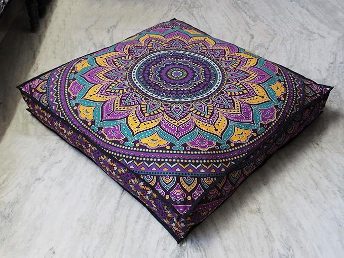 CRAFT KALA Mandala Floor Pillow Cushion Cover Seating Throw Cover Hippie Decorative Bohemian Ottoman Poufs Pom Pom Pillow Cases Boho Indian Cotton Living Room Yoga Home Décor 35" Square New Pink Ombre
