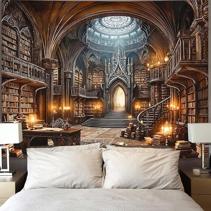 Accnicc Gothic Library Tapestry Medieval Bookshelf Tapestries Wall Hanging Goth Vintage Dark Academia Hall Library Backdrop Extra Large Tapestry for Bedroom Living Room Dorm Classroom 90 x 68 inch