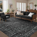5x7 Area Rugs for Living Room Bedroom, Washable Rug, Black Vintage Floral Boho Rug, Non Slip & Low Pile Faux Wool Thin Carpet for Indoor Dining Room and Kids Room(Black 5x7ft)