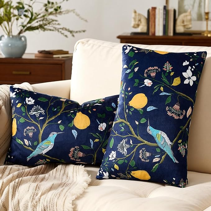 MUSSEL Navy Blue Floral Pillow Covers 12x20 Set of 2, Velvet Wild Flower Plant Throw Pillows Case, Square Farmhouse Decor Cushion Covers for Home Sofa Bed Couch