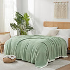 Snuggle Sac Sage Green Bedding Blankets Queen Size 90x90 inches, Reversible Microfiber Fluffy Fuzzy Soft Throw Cozy Knit Blanket for Women Mothers Birthday Gifts