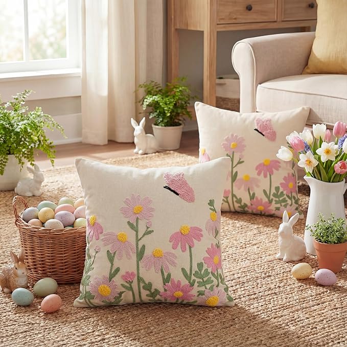 AVOIN colorlife Easter Spring Floral Embroidered Throw Pillow Covers, 18 x 18 Inch Butterfly Flowers Tufted Patterned Linen Decoration Cushion Case for Sofa Couch Set of 2