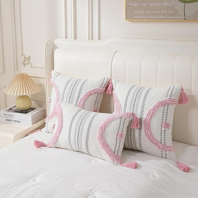 Boho Throw Pillow Covers 12x20 Set of 2 Cotton Woven Tufted Farmhouse Lumbar Pillows Covers with Tassels Outdoor Neutral Decorative Pillowcases Rectangle Textured Accent Cushion for Couch Bed Sofa