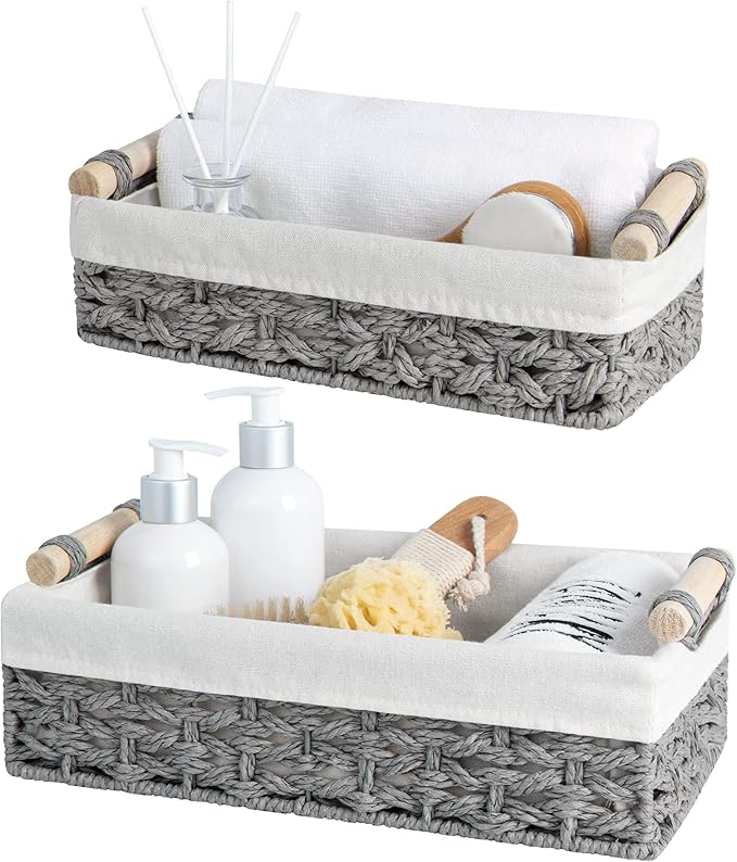 StorageWorks Storage Basket for Organizing, Small Wicker Baskets with Natural Fiber Liner, Toilet Paper Storage Basket for Countertop, Toilet Tank Top, Grey, Set of 2