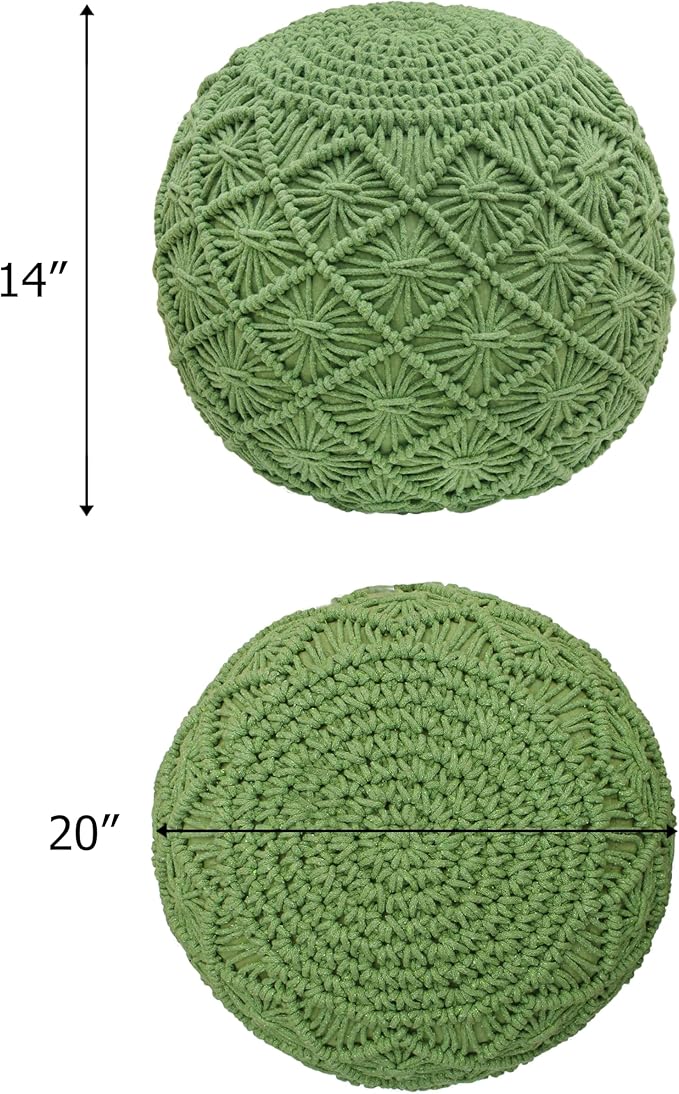 COTTON CRAFT Macrame Braided Pouf - Knitted Cotton Cord Comfortable Round Dori Pouf - Prefilled Ottoman Footrest Bean Bag - Stuffed Boho Moroccan Accent Seating - Nursery Bedroom Dorm - 20x14 - Green