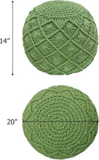COTTON CRAFT Macrame Braided Pouf - Knitted Cotton Cord Comfortable Round Dori Pouf - Prefilled Ottoman Footrest Bean Bag - Stuffed Boho Moroccan Accent Seating - Nursery Bedroom Dorm - 20x14 - Green