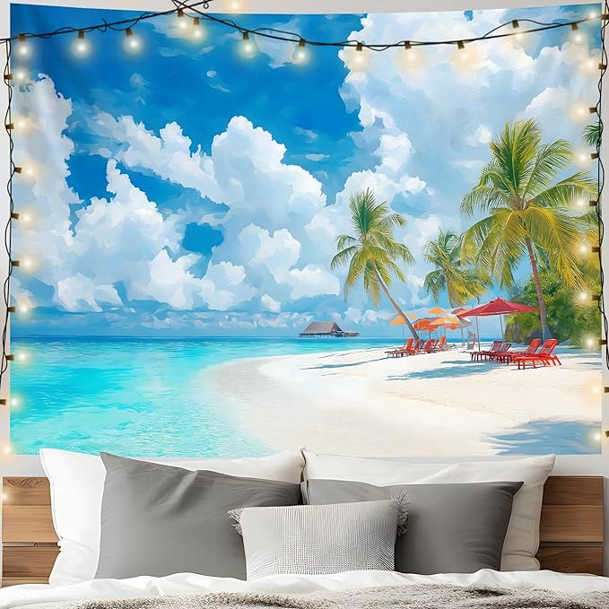AOHMPT Ocean Sunset Tapestry, Beach Evening Sunset Tapestry, Natural Beach Palm Tree Landscape Poster, Seaside Landscape Wall Hanging for Bedroom, Dorm Room and Living Room Wall Decor 79" L x 59" W