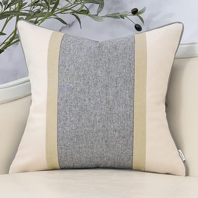 Yangest Patchwork Pillow Cover 24x24 Inch Luxury Cotton and Linen Cushion Cover Square Pillowcover for Couch Bedroom Living Room, Gray