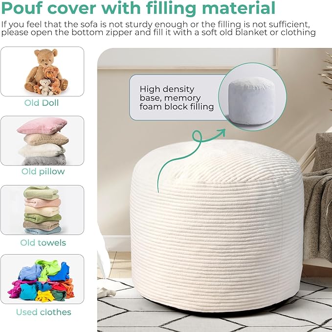 Dual-Size Corduroy Ottoman with Hidden Zipper – Ergonomic Memory Foam Footrest Poufs for Office Desks, Couches & Delicate Floors,Off-White 26"x 18"