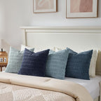 Fancy Homi Set of 4 Blue Decorative Throw Pillow Covers 20x20 Inch for Couch Bed Chair, Modern Farmhouse Boho Room Decor, Soft Fuzzy Corduroy Textured Striped Coastal Blue Cushion Case 50cm