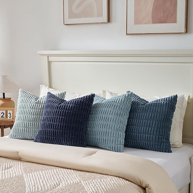 Fancy Homi Set of 4 Blue Boho Decorative Throw Pillow Covers 24x24 Inch for Couch Bed Sofa, Aesthetic Modern Bohemian Room Decor, Soft Fuzzy Fluffy Cozy Corduroy Coastal Blue Cushion Case 60x60cm