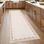 Scalloped Beige 2.5x10 Runner Rug for Hallway Washable Kitchen Rugs Non Slip Solid Modern Minimalism Soft Low-Pile Indoor Carpet for Entryway Laundry Room Floor Mats
