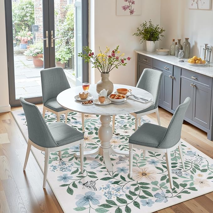 Lahome Reverie 8x10 Blue Boho Dining Room Rug Decor, Washable Area Rug for Living Room, Shabby Chic Floral Floor Carpets for Bedroom, Girls Apartment, Nursery Home Decor